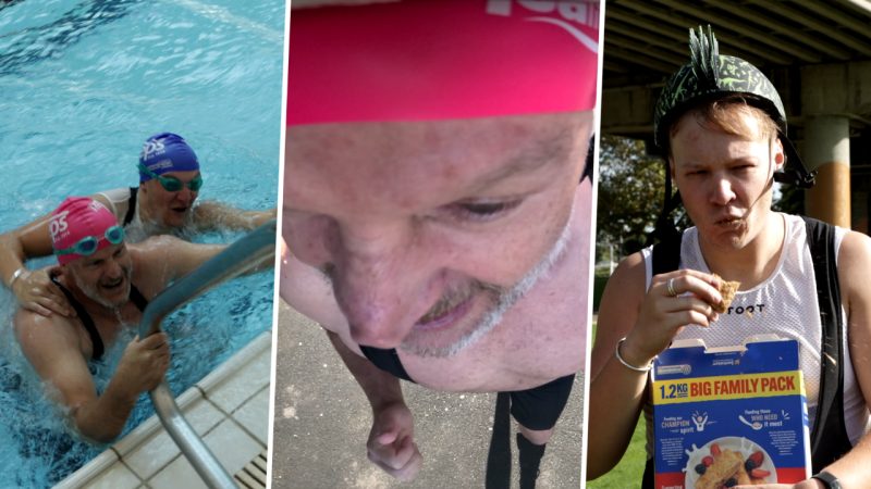 Mulls and Mitch swim, run and bike in a Weetbix Tryathalon but Mulls cheats to come out on top